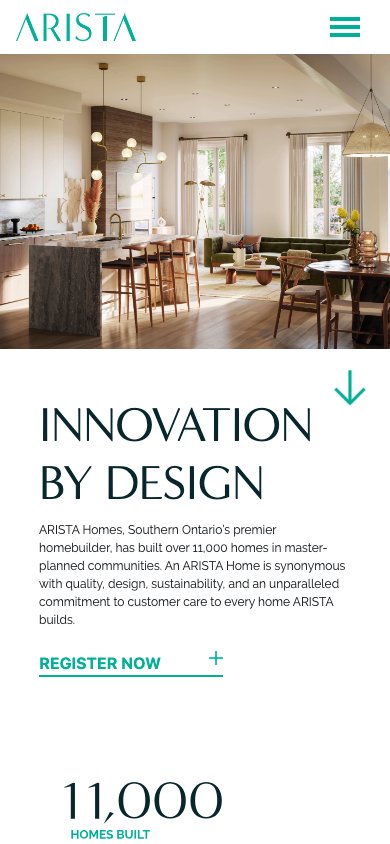 Arista Homes website at a mobile screen width