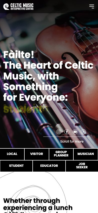 Celtic Music Centre website at a mobile screen width