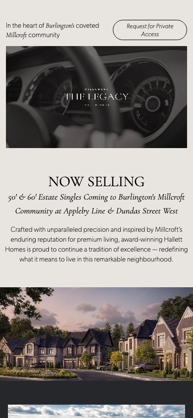 Millcroft — The Legacy website at a mobile screen width