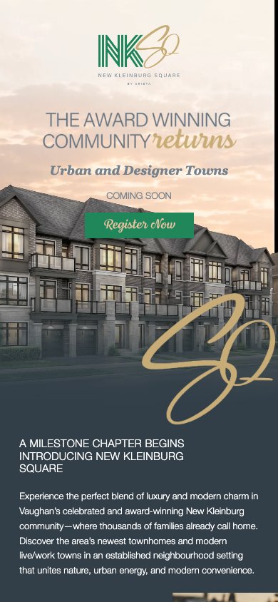 New Kleinburg Square website at a mobile screen width